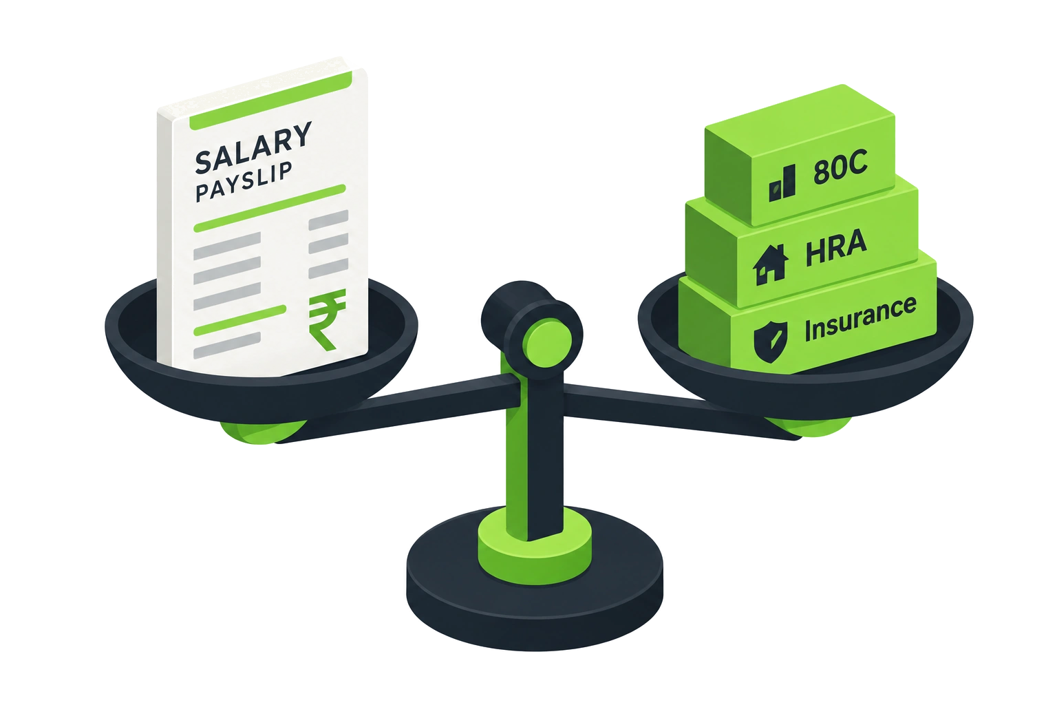 Illustration of tax calculation scales weighing salary payslip against deductions